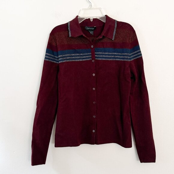 club monaco // maroon shimmer stripes button down collared knit top M - Picture 2 of 6